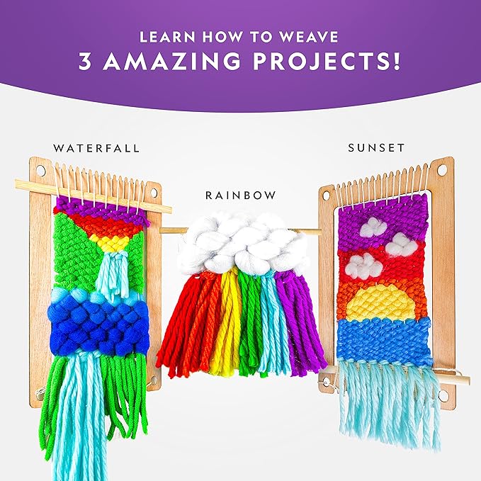 NATIONAL GEOGRAPHIC Wooden Arts and Crafts Loom Weaving Kit - Yarn and 3 Fun Designs for Easy Weaving, Child Weaving Set with Loom
