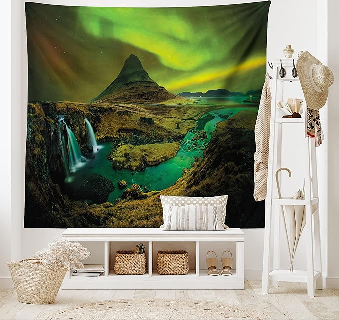 Ambesonne Aurora Borealis Tapestry, Pale Weather over the Hills Waterfall Creek Nature Landscape, Fabric Wall Hanging Decor for Bedroom Living Room Dorm, 45" X 30", Olive Green