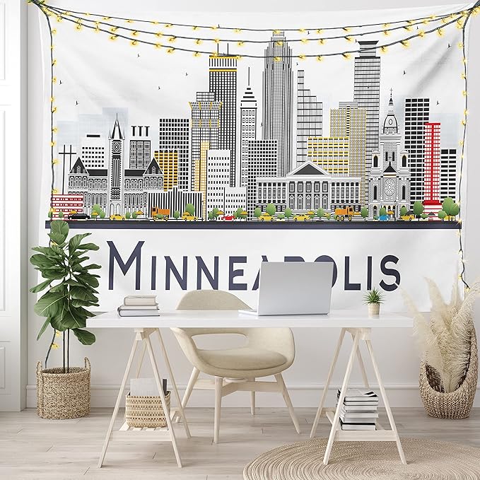 Ambesonne Minnesota Tapestry, Elevation of a Street in Minneapolis Image with High Detailed Facades, Fabric Wall Hanging Decor for Bedroom Living Room Dorm, 30" X 45", White Grey