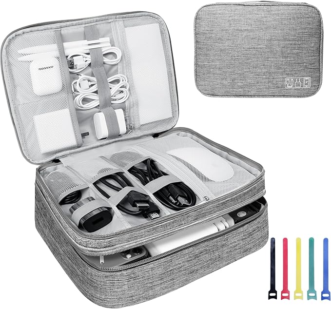Electronics Travel Organizer,Large Double Layer Portable Waterproof Travel Organizer Bag for Charging Cable Storage,Ipad,Power Bank,Hard Drive etc,for Travel,Business,5pcs Cable Ties-Grey