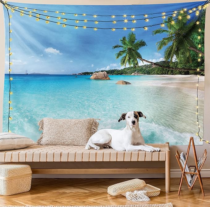 Ambesonne Ocean Tapestry King Size, Anse Lazio Beach at Praslin Island Surfing Beach Scenic View Travel, Wall Hanging Bedspread Bed Cover Wall Decor, 104" X 88", Blue and Turquoise