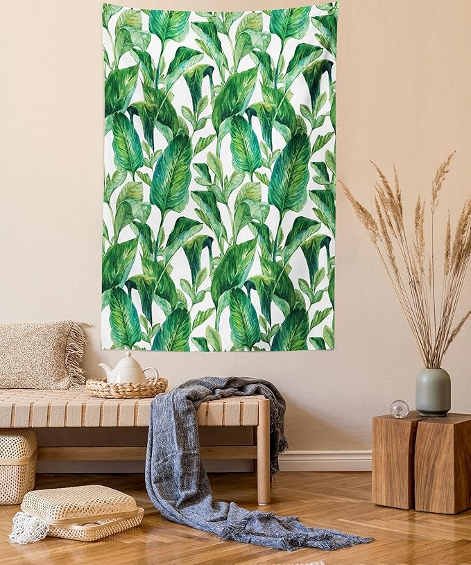 Ambesonne Leaf Tapestry, Romantic Holiday Island Hawaiian Banana Trees Watercolored Image, Fabric Wall Hanging Decor for Bedroom Living Room Dorm, 23" X 28", Forest Green