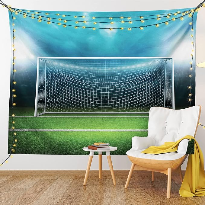 Ambesonne Soccer Tapestry, Soccer Goal Post Sports Area Winner Loser Line Floodlit Best Team Finals Game Theme, Fabric Wall Hanging Decor for Bedroom Living Room Dorm, 30" X 45", Green and Blue