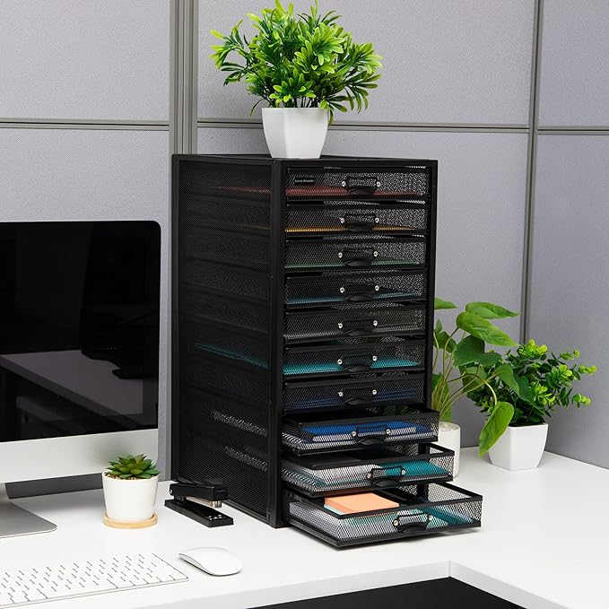 Mind Reader 10-Drawer Desk Organizer for Office Supplies, Crafts, Mail Sorting & More, Metal Mesh, 10.75"L x 14"W x 21.25"H, Black