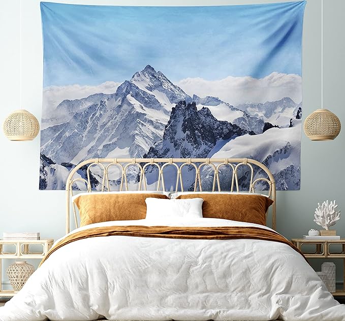 Ambesonne Winter Tapestry, Snowy Rocky Mountain Peaks Tops Scene High Lands ICY Frozen Swiss Outdoor Art, Fabric Wall Hanging Decor for Bedroom Living Room Dorm, 28" X 23", Blue and White