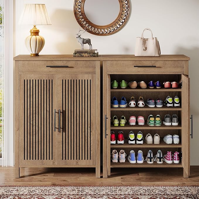 Tribesigns Shoe Cabinet, 5-Tier Shoe Storage Cabinet with Louvered Doors and Drawer, Freestanding Wooden Shoe Rack Organizer with Adjustable Shelves for Entryway, Hallway, Natural