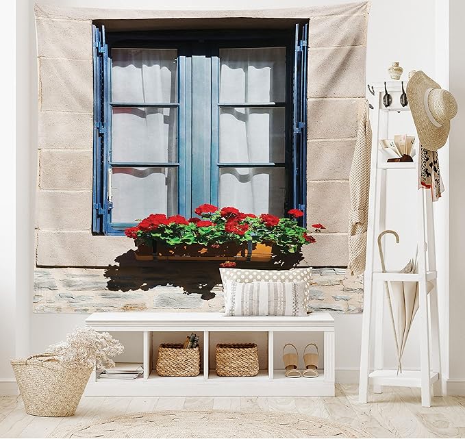 Ambesonne Country Tapestry Twin Size, Mediterranean Style Window Open Shutters Image French Urban Life Theme Print, Wall Hanging Bedspread Bed Cover Wall Decor, Twin Size, Blue Grey