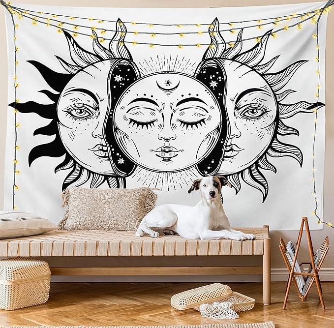Ambesonne Moon Tapestry, Monochrome Sun and Moon Pattern Oriental Image Culture Inspired Design Print, Fabric Wall Hanging Decor for Bedroom Living Room Dorm, 30" X 45", White Black