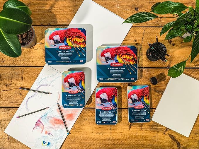 Derwent Chromaflow Colored Pencils Tin, Set of 48, Great for Holiday Gifts, 4mm Wide Core, Multicolor, Smooth Texture, Art Supplies for Drawing, Blending, Sketching, Professional Quality (2306013)