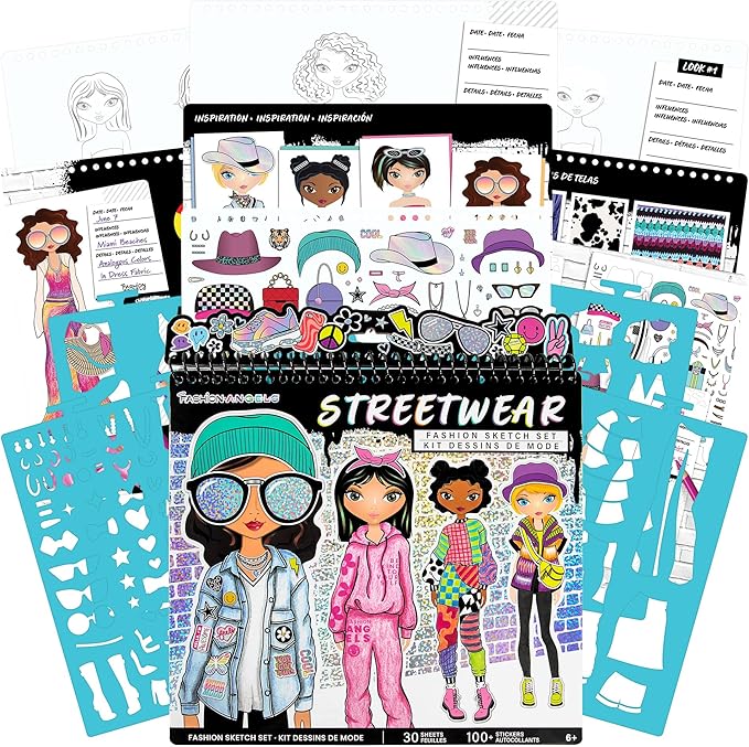 Fashion Angels Streetwear Design Portfolio, Includes 30 Sketch Sheets, Stencil Sheets, Stickers & Inspiration Guide, Ideal Drawing Kit for Girls Ages 6+