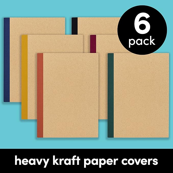 PAPERAGE 6-Pack Composition Notebook Journals, 120 Pages, Kraft Cover with Jewel Tone Spines, College Ruled Lined Paper, Small Size (8 in x 5.75 in) – for Home, Office or School Supplies