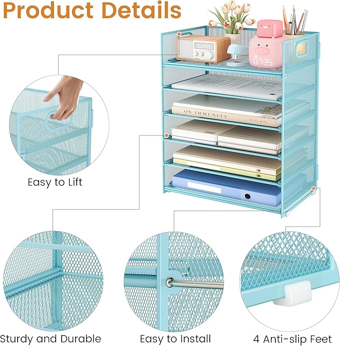Subekyu 6 Tier Office File Paper Desk Tray Organizer with Handle, Stackable Slide Mesh Letter Tray Folder Blue Desk Organizer, Desktop Document Sorter for Classroom, Office, Home Supplies Storage