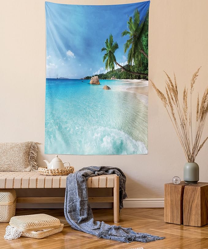 Ambesonne Ocean Tapestry, Anse Lazio Beach at Praslin Island Surfing Beach Scenic View Travel, Wall Hanging for Bedroom Living Room Dorm Decor, 40" X 60", Blue and Turquoise