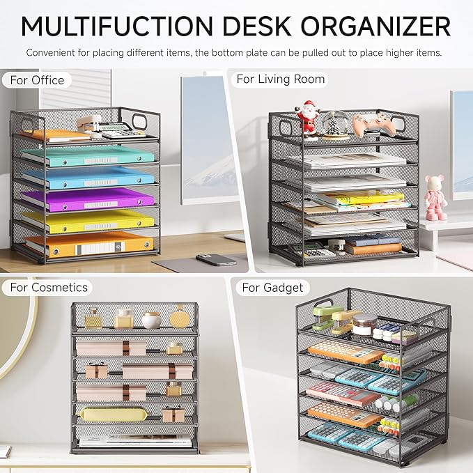 6 Tiers Letter Tray Paper Organizer With Handle, Mesh Desk File Organizer, Metal Desktop Document Shelf, Paper Sorter for Office, Home or School File Folder Holder - Grey