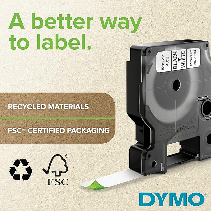 DYMO Standard D1 Labeling Tape for LabelManager Label Makers, Black Print on Green Tape, 1/2'' W x 23' L, 1 Cartridge (45019)