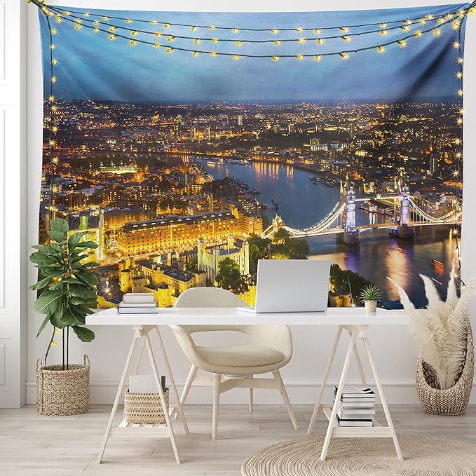 Ambesonne Modern Tapestry, Sunset at London England Cityscape Night Time and Tower Bridge Landmark Urban, Fabric Wall Hanging Decor for Bedroom Living Room Dorm, 30" X 45", Yellow Bluegrey