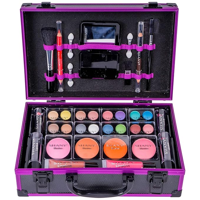 SHANY Carry All Make up Train Case with Pro Makeup Set, Beauty Brushes, Lipsticks, Eye Shadows, Blushes, Powders, and more - Reusable Cosmetics Storage Organizer - Premium Gift Packaging - Purple
