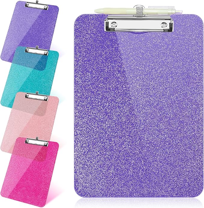 1 Pcs Clear Glitter Clipboards, Plastic Clipboard with Pen Holder,Size 8.85 x 12.4 in Shiny Clipboards with Low Profile Clip,Cute Hanging Clipboard for Office School Supplies Sparkly Clip board-Purple