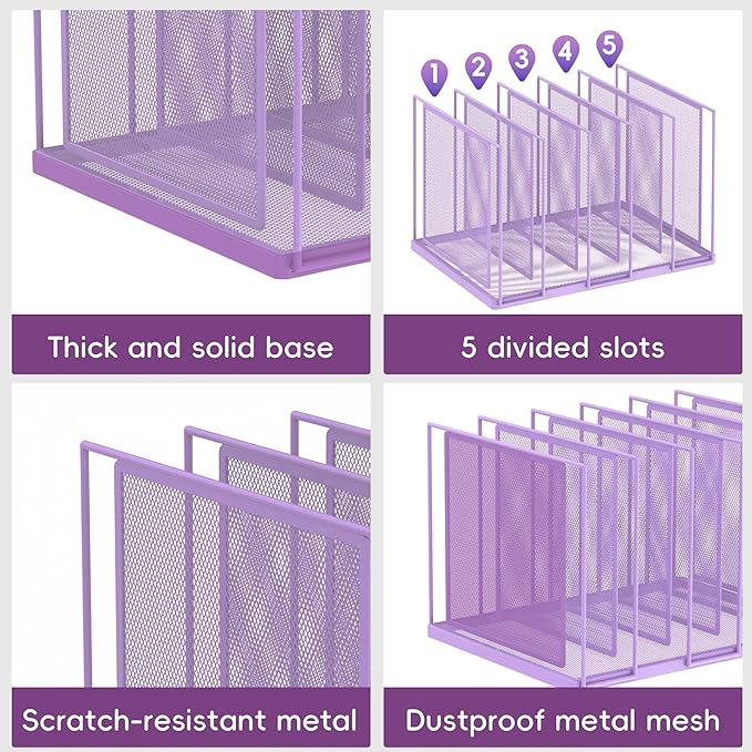 File Organizer for Desk, 5-Section Vertical File Sorter, Paper Holder Organizer Standing Metal File Folder for Office Home Classroom, Purple