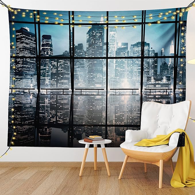Ambesonne Modern Tapestry Queen Size, Modern New York City Scenery at Night with Skyscrapers Buildings Print, Wall Hanging Bedspread Bed Cover Wall Decor, 88" X 88", Black Blue