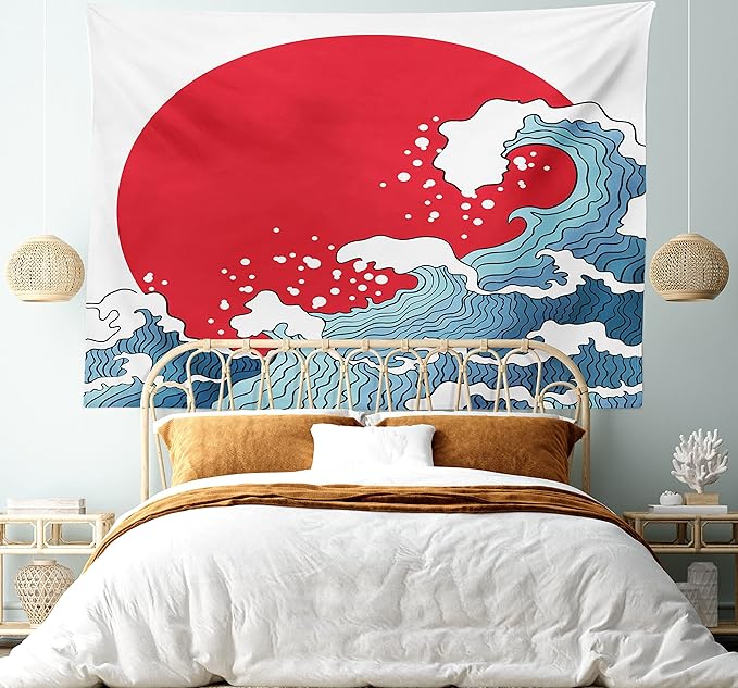 Ambesonne Japanese Wave Tapestry, Big Red Sun Setting Scenery Tropical Nautical Tsunami Swirls, Fabric Wall Hanging Decor for Bedroom Living Room Dorm, 30" X 45", Red Blue White