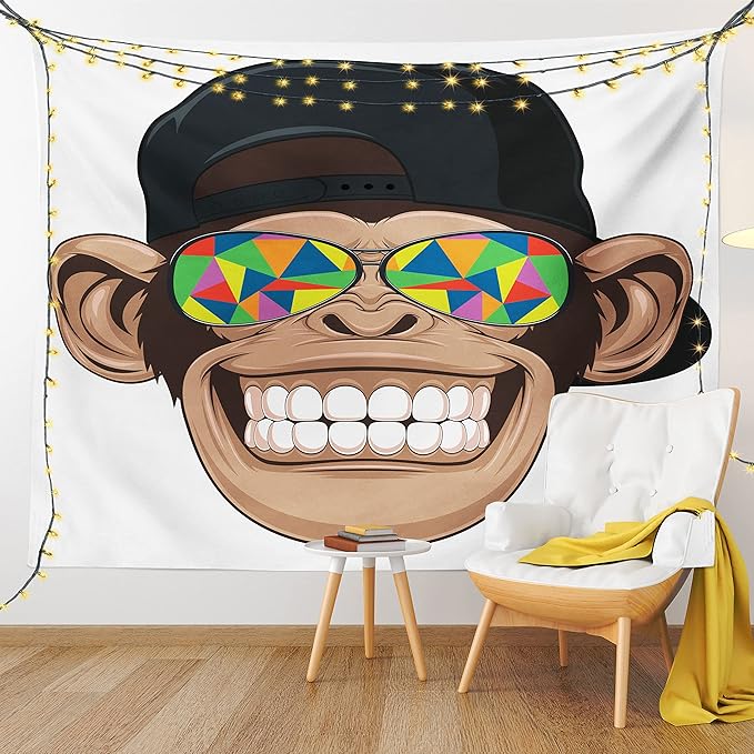 Ambesonne Cartoon Tapestry Queen Size, Fun Hipster Monkey with Colorful Sunglasses and Hat Rapper Hippie Ape Art, Wall Hanging Bedspread Bed Cover Wall Decor, 88" X 88", White Brown