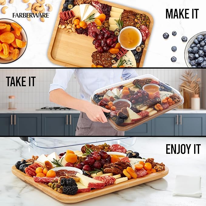 Farberware Build-A-Board Bamboo Cutting Board with Single Storage Compartment, Clear Locking Lid, Black Handles, Perfect for Charcuterie & Snacks