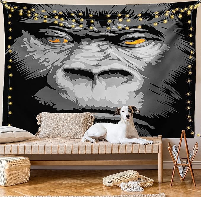 Ambesonne Modern Tapestry, Close up Gorilla Portrait with Orange Eyes Zoo Jungle Animal Wild Money Graphic, Wide Wall Hanging for Bedroom Living Room Dorm, 80" X 60", Grey Marigold