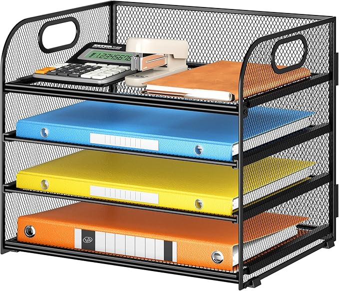 Lavatino Paper Organizer for Desk, 4-Tier Desk Organizer Tray, Mesh Desktop File Organizers with Handle, Office Classroom Organization and Storage-Black