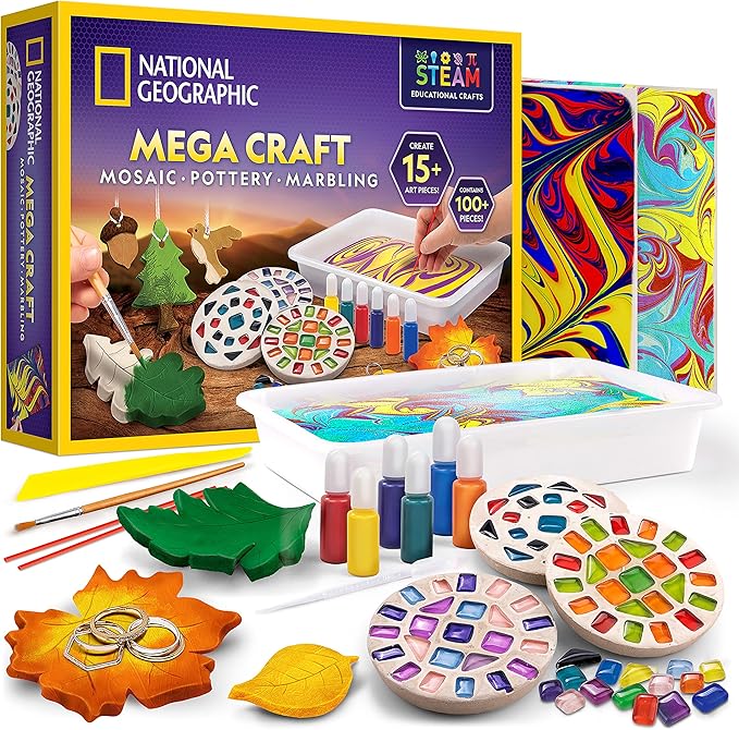 National Geographic Mega Arts and Crafts Kit for Kids – Mosaic Kit, Marbling Paint Kit & Air Dry Clay Pottery Kit – Art Projects for Kids Ages 8-12, Crafts for Girls and Boys (Amazon Exclusive)