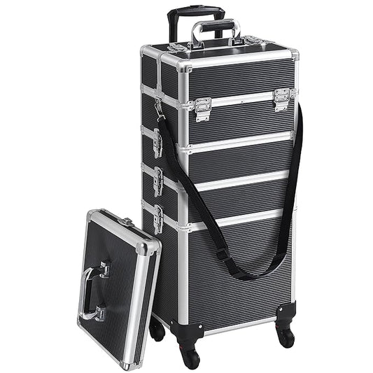 Yaheetech Professional Makeup Train Case 5 in 1 Cosmetology Case on Wheels Aluminum Beauty Travel Case Rolling Cosmetic Organizers & Storage Black