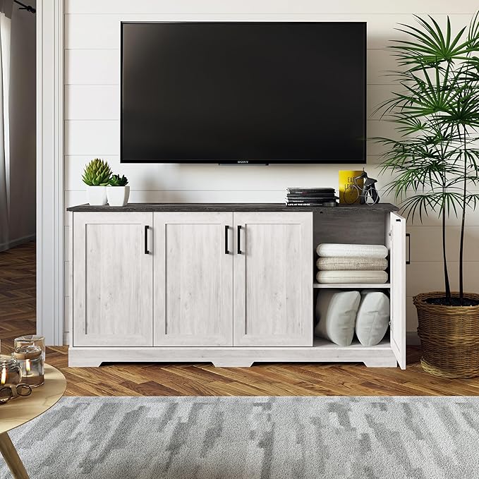 Prepac Rustic Ridge 4 Door Console Table with Storage, Washed White Storage Cabinet with Doors and Shelves, Sideboard Storage Cabinet 66" W x 31.75" H x 16" D, ACBG-1620-1