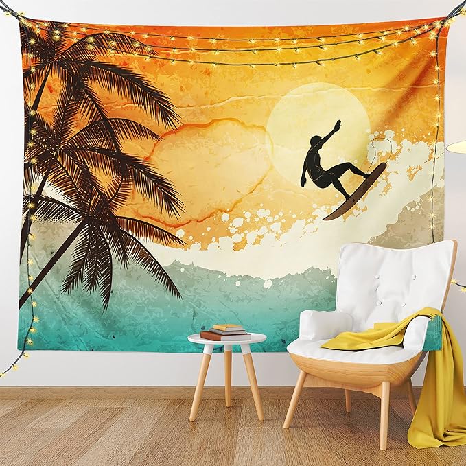 Ambesonne Grunge Tapestry Queen Size, Illustration of Tropical Island Surfer on Sea Waves and Palms at Sunset, Wall Hanging Bedspread Bed Cover Wall Decor, 88" X 88", Orange Turquoise Black