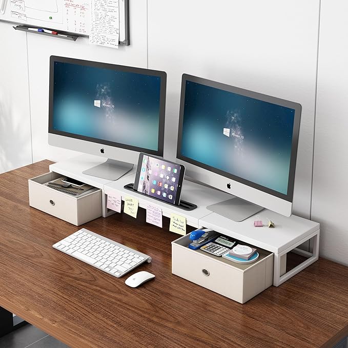 Mexin Dual Monitor Stand Riser with 2 Drawers - 39Inch Large Storage Computer Monitor Stands for 2 Monitors, Wooden Desktop Organizer Perfect for Home Office Desk, Computer, Laptop, TV, White