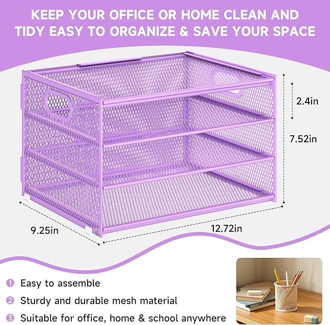 Subekyu Paper Letter Tray Organizer for Desk, Purple Metal Mesh Desk File Sorter Organizer with Handle and 2 Sliding Trays for Home Office School Supplies Organization