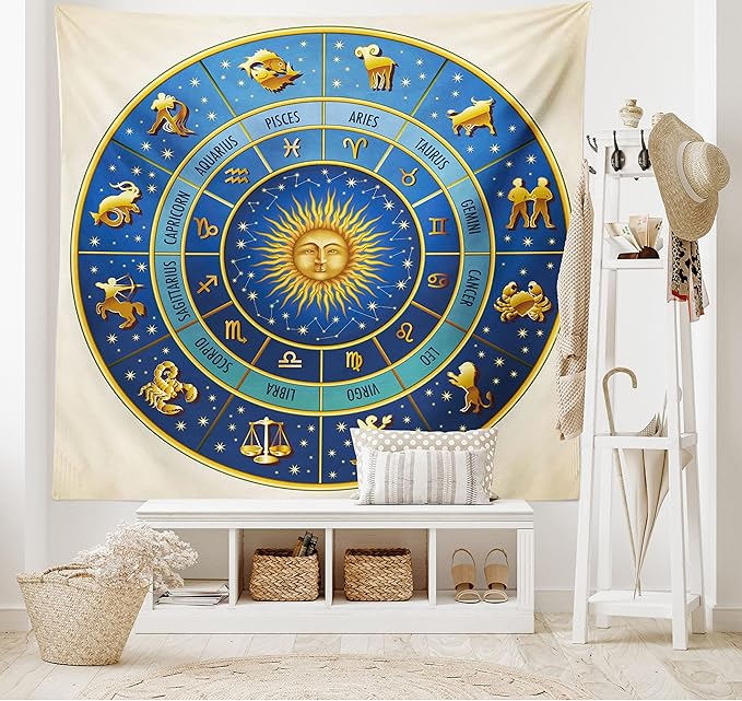Ambesonne Astrology Tapestry Queen Size, Wheel of Astrological Signs Names Dates Moon Sun in Middle, Wall Hanging Bedspread Bed Cover Wall Decor, Queen Size, Blue Yellow and Cream