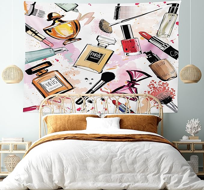 Ambesonne Fashion Tapestry, Cosmetic and Makeup Theme Pattern Perfume Lipstick Nail Polish Brush Modern, Wide Wall Hanging for Bedroom Living Room Dorm, 80" X 60", Coral White
