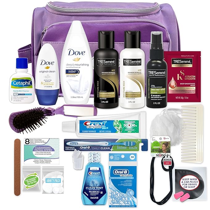 Convenience Kits International Women’s Super Premium 31 PC Travel Kit Featuring: Ensemble of Travel-Size Hair Care Products Plus Face, Body, Oral Care, Travel Essentials in Large Purple Toiletry Bag