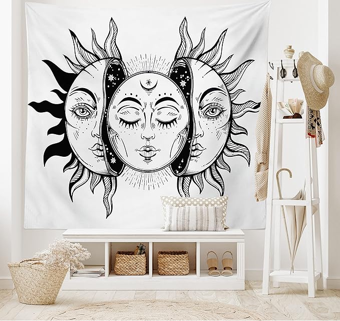 Ambesonne Moon Tapestry, Monochrome Sun and Moon Pattern Oriental Image Culture Inspired Design Print, Fabric Wall Hanging Decor for Bedroom Living Room Dorm, 30" X 45", White Black