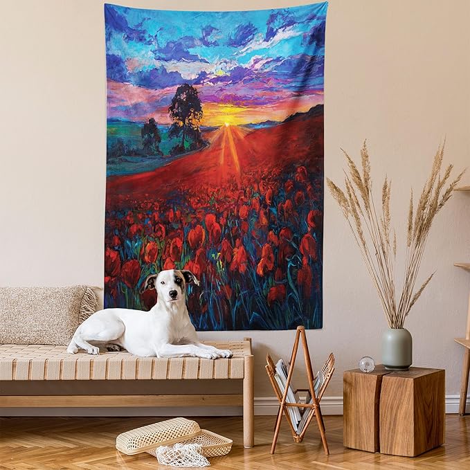 Ambesonne Country Tapestry, Clouds at Sunset Paint Scenery of Poppy Flower Garden on Valley with Horizon, Fabric Wall Hanging Decor for Bedroom Living Room Dorm, 30" X 45", Burgundy Deep Sky Blue