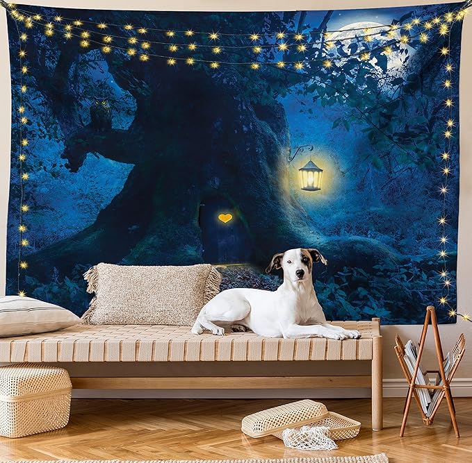 Ambesonne Fantasy Tapestry, Night with a Little Home in The Trunk of an Tree in The Woods Print, Fabric Wall Hanging Decor for Bedroom Living Room Dorm, 30" X 45", Navy Blue