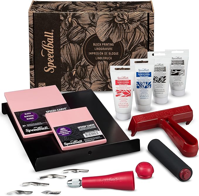 Speedball Block Printing Fabric Deluxe Kit, 14 Pieces, Includes Inks, Brayer, Bench Hook, Lino Handle and Cutters, Speedy-Carve Relief Blocks
