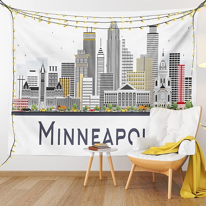 Ambesonne Minnesota Tapestry Queen Size, Elevation of a Street in Minneapolis Image with High Detailed Facades, Wall Hanging Bedspread Bed Cover Wall Decor, 88" X 88", White Grey