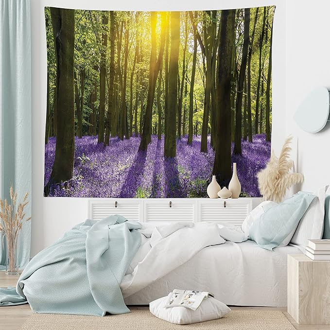 Ambesonne Woodland Tapestry King Size, Sunbeams in the Forest of Bluebells Blooms Deep in Woodland Oxfordshire, Wall Hanging Bedspread Bed Cover Wall Decor, 104" X 88", Violet Green Yellow