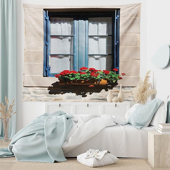 Ambesonne Country Tapestry Twin Size, Mediterranean Style Window Open Shutters Image French Urban Life Theme Print, Wall Hanging Bedspread Bed Cover Wall Decor, Twin Size, Blue Grey