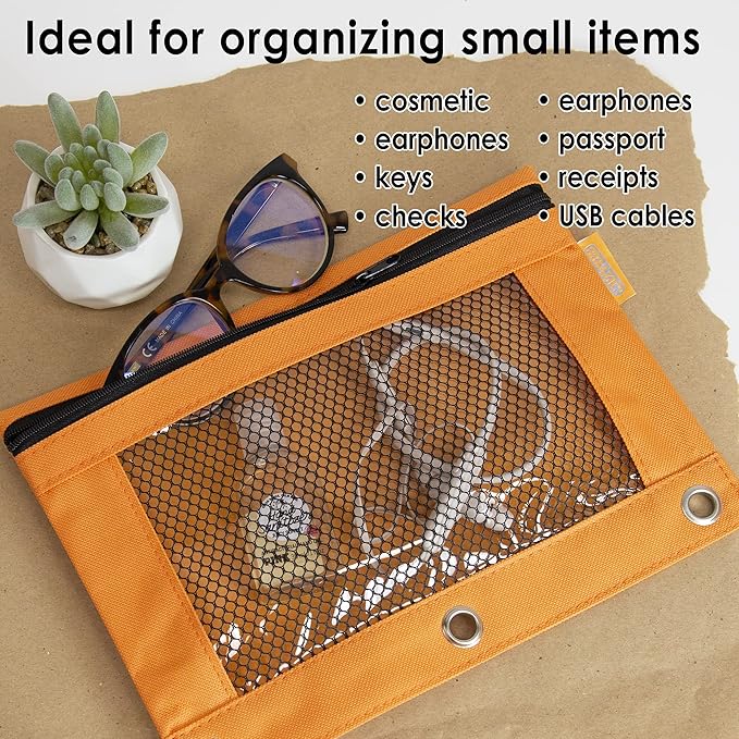 BAZIC Products Pencil Pouch 3 Ring Binder Pouch w/Rivet Enforced Rings Holes, Pastel Color Mesh Window Zipper Pouchesr, 6-Pack