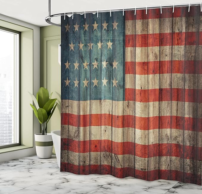 Ambesonne USA Shower Curtain, Fourth of July Independence Day Painted Old Wooden Rustic Background Patriot, Cloth Fabric Bathroom Decor Set with Hooks, 69" W x 70" L, Blue Red