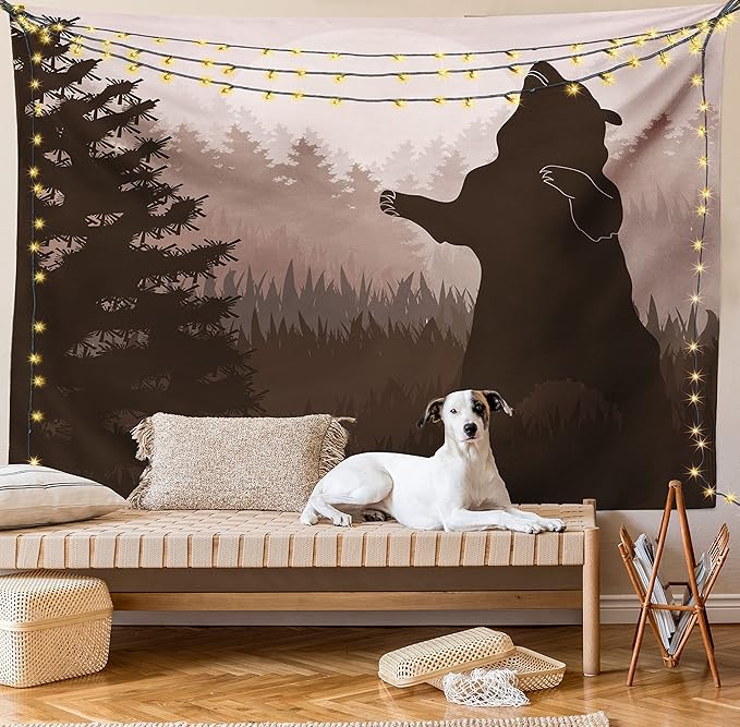 Ambesonne Nature Tapestry, Silhouette of Wild Bear in the Jungle Woodland at Dark Night Illustration, Fabric Wall Hanging Decor for Bedroom Living Room Dorm, 45" X 30", Army Green Pale Peach