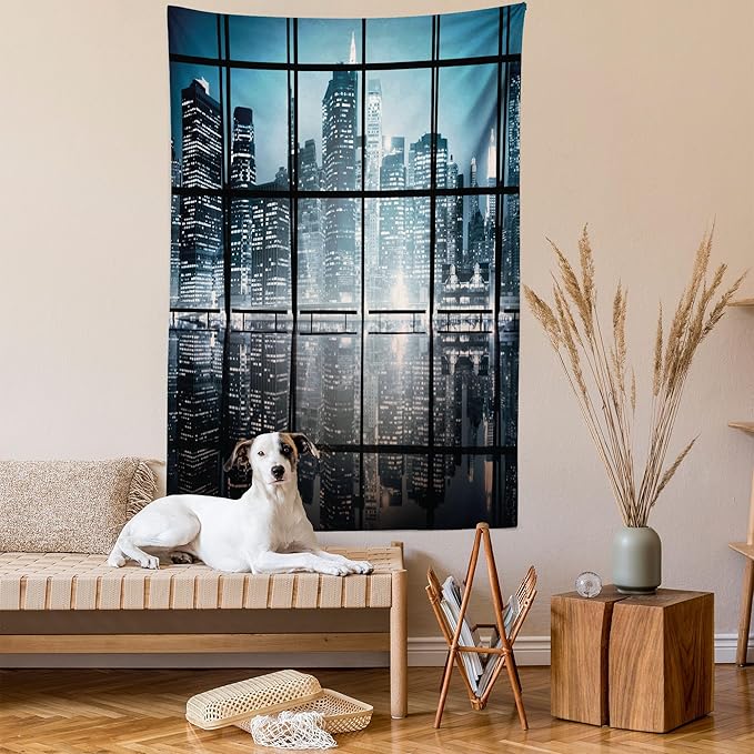 Ambesonne Modern Tapestry Queen Size, Modern New York City Scenery at Night with Skyscrapers Buildings Print, Wall Hanging Bedspread Bed Cover Wall Decor, 88" X 88", Black Blue