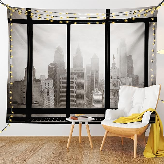 Ambesonne City Tapestry, Philadelphia City Rooftop View Through Window Skyline Landmark Rooftop Travel, Fabric Wall Hanging Decor for Bedroom Living Room Dorm, 28" X 23", Grey Black